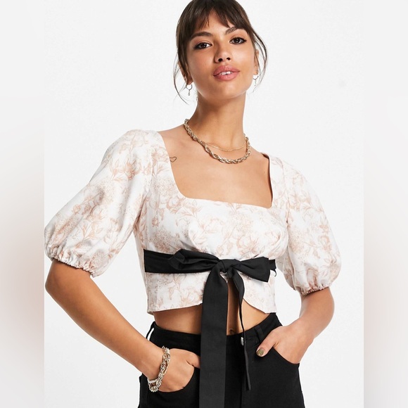 ASOS Tops - ASOS square neck puff sleeve crop top  contrast tie waist detail in floral print